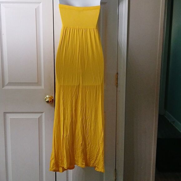 Moa Moa yellow floral hibiscus print strapless summer maxi dress Sz  S  EUC - Picture 4 of 7